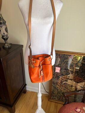 Bueno Orange Leather Bucket Crossbody with Tan Strap